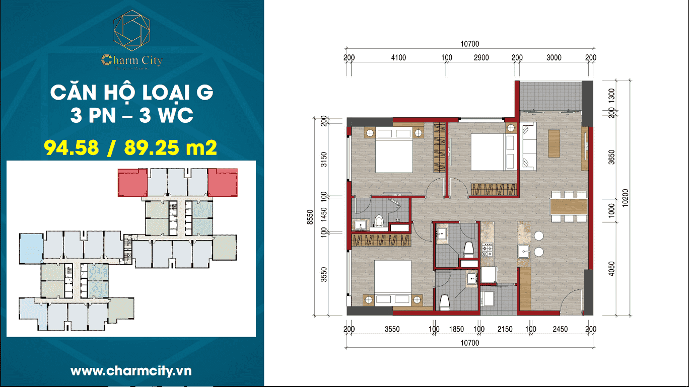 mặt bằng căn 3 pn charm city dĩ an